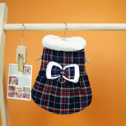 Christmas Plaid Clothes Thermal Fleece Lined Dog Winter Dress Coat with Luxury Faux Fur Collar for Small Dogs Puppy York Beagle