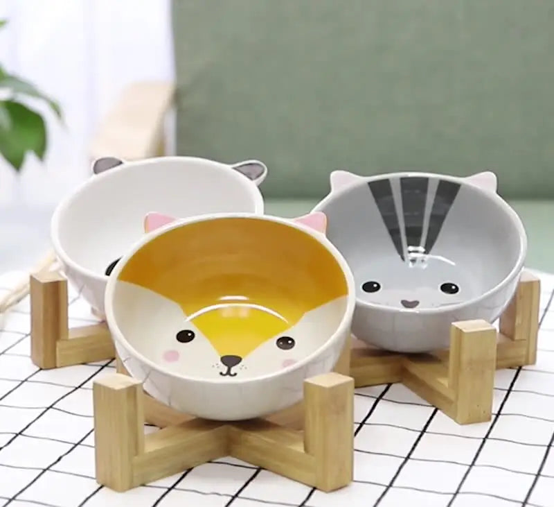 Ceramic Dog Bowl Raised Round Dog Cat Bowl No Spill Pet Dish for Food Water Feeding Cute Cartoon Printed Pet Dog Elevated Dish
