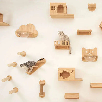Cat Climbing Shelf Furniture Wall Mounted Cat Hammock and Wooden Stairway with Scratching Post for Cats Indoor Playing and Rest