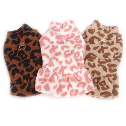 Leopard Dog Sweater Dress Fleece Puppy Dresses for Small Dogs Girl Cat Skirt Apparel Winter Warm Dog Clothes