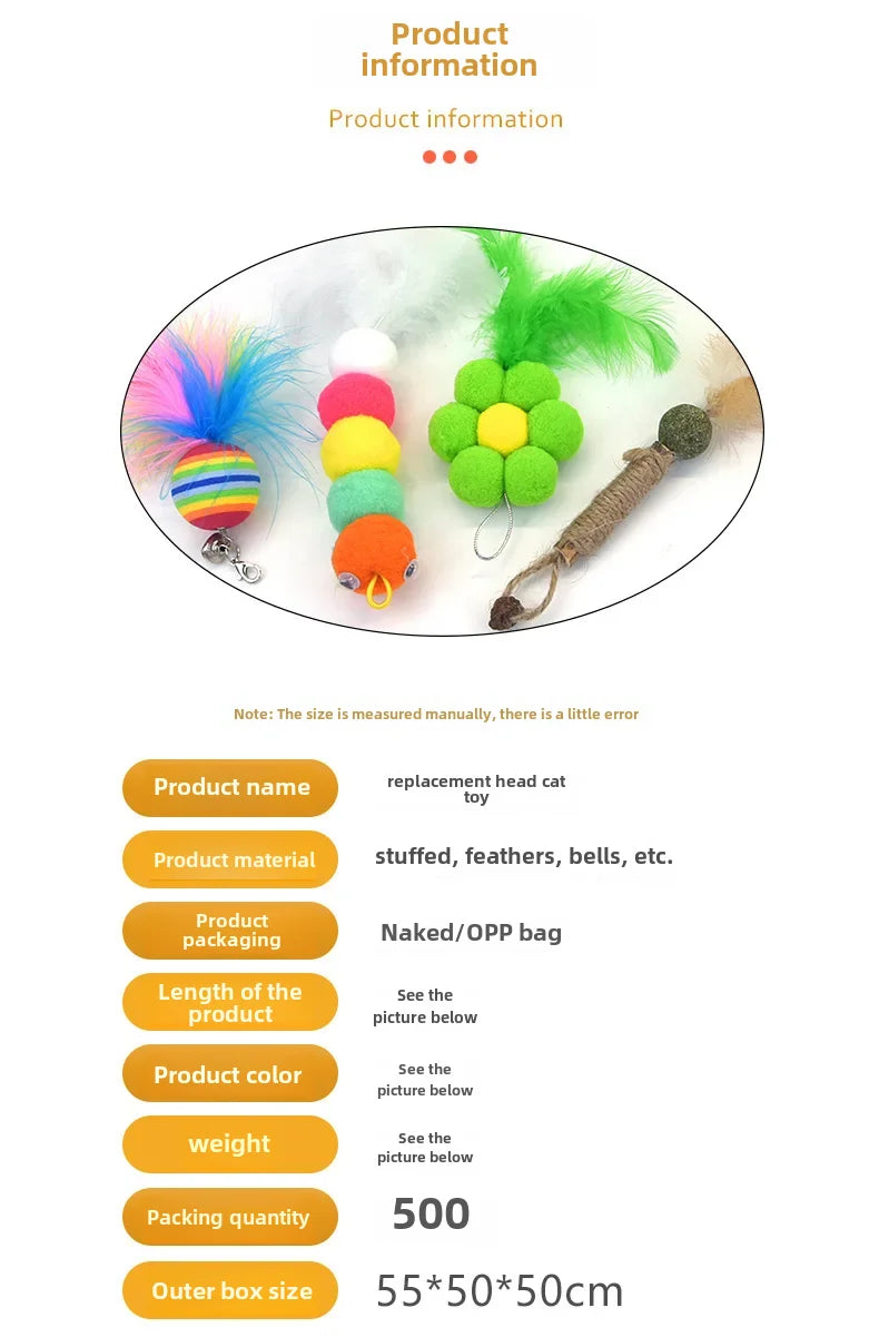 Cross-border cat teasing stick replacement head rainbow caterpillar wood teana stick cat toy funny cat bell hair ball replace...