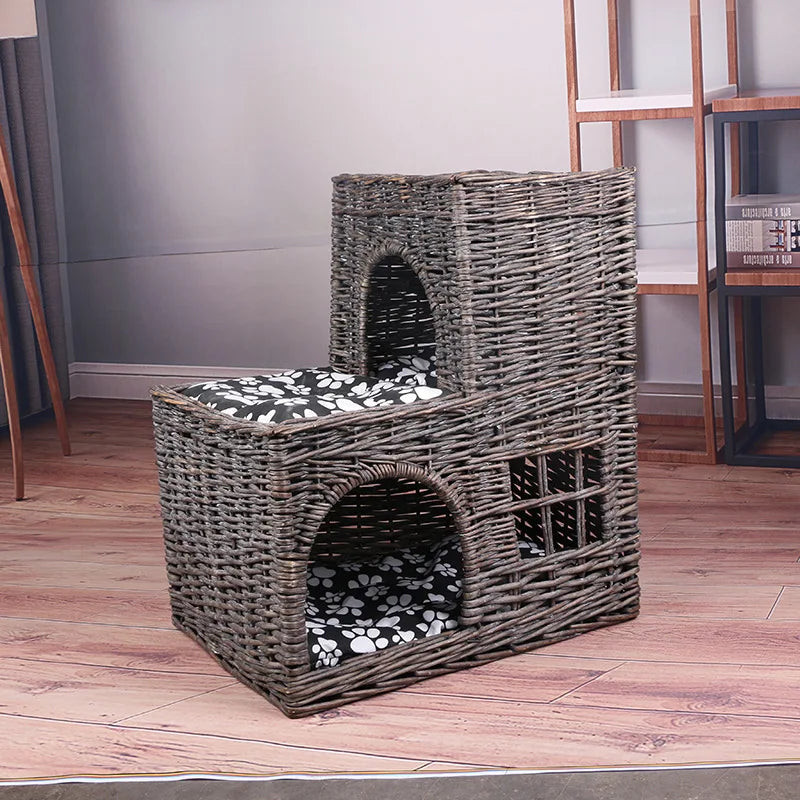 Pet basket willow weaving, willow weaving cute pet nest double-layer pet basket handmade four-season universal kennel cat litter