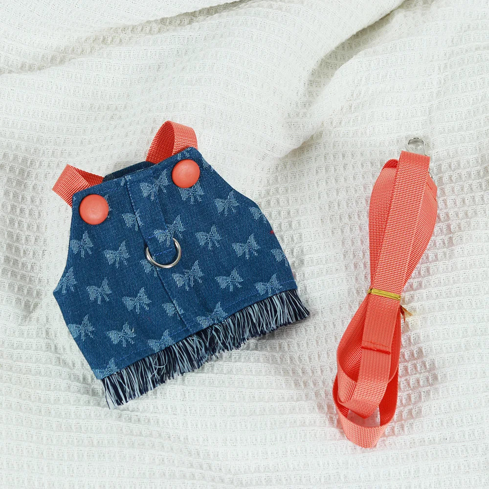New Dog Harness and Leash Set for Small Dogs, Dark Wash Denim Puppy Dog Vest Harness Tassels Pet Jeans Butterfly Harness