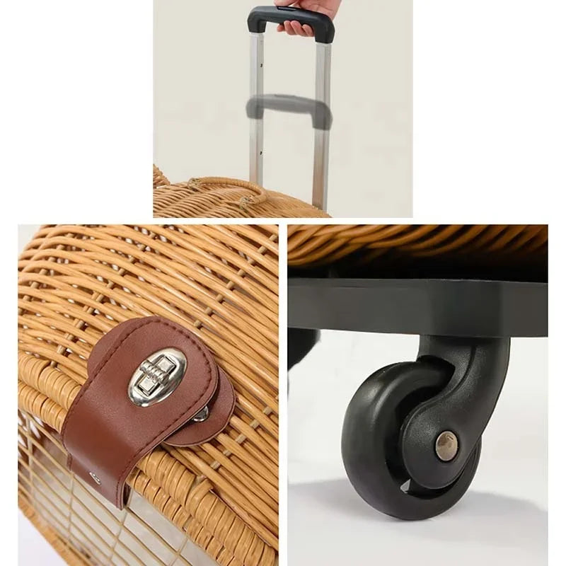 Cat Carrier Suitcase with Wheels for Pet Travel, knit Hard Cat Carrier Luggage with Mat and Telescopic Handle
