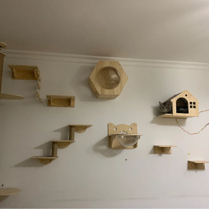 Wall Mounted Cat Climbing Wooden Shelves Cat Hammock Hanging Bed with Jumping Platform and Stairway for Kitten Playing and Rest