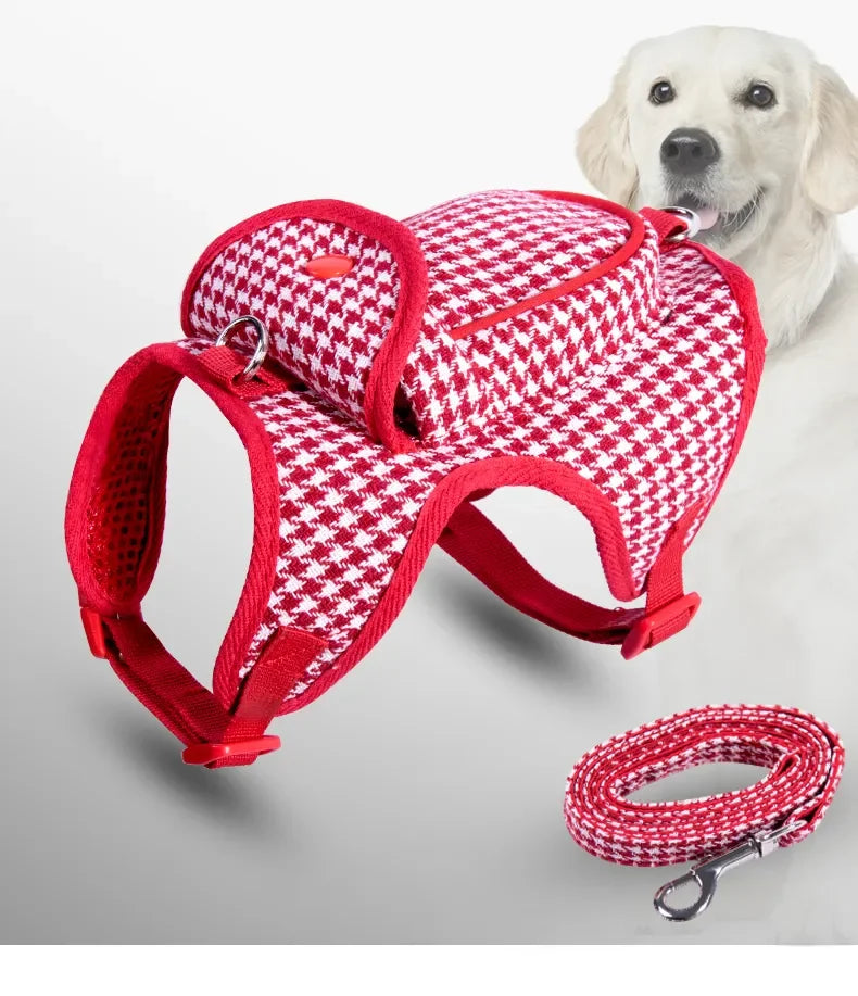 Houndstooth Small Vest PetDog Backpack Harness With Pocket Leash Lead Set Outdoor Pet Collar Walking Puppies Cats Carrier Bags