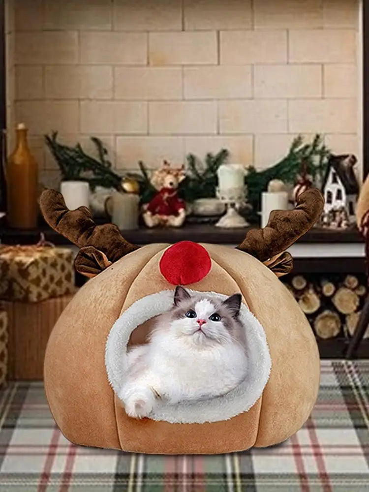 Christmas Winter Cat Cave Bed Dog Tent Christmas Reindeer Tent Washable Removable Cushion for Indoor Small Dogs And Cats