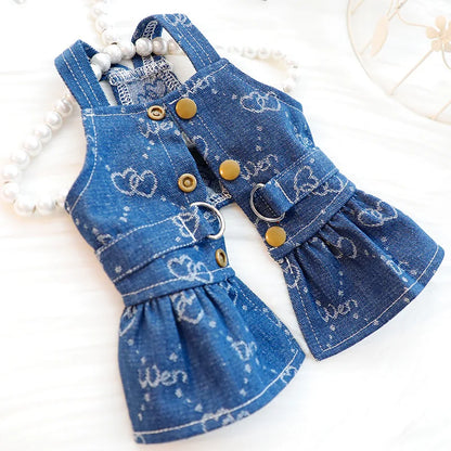 Dog Denim Dress for Small Dogs, Dark Wash Jeans Vest Tutu Skirts with Leash D-ring,Summer Clothes Yorkie Chihuahua Pet Apparel