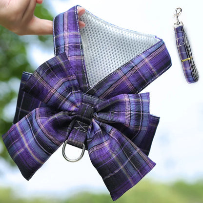 Pet Jk Plaid Dress Dog Harness and Leash Set Bow Skirt Kitten Puppy Vest Luxury Dog Clothes Chihuahua Dog Outfits Bichon Items