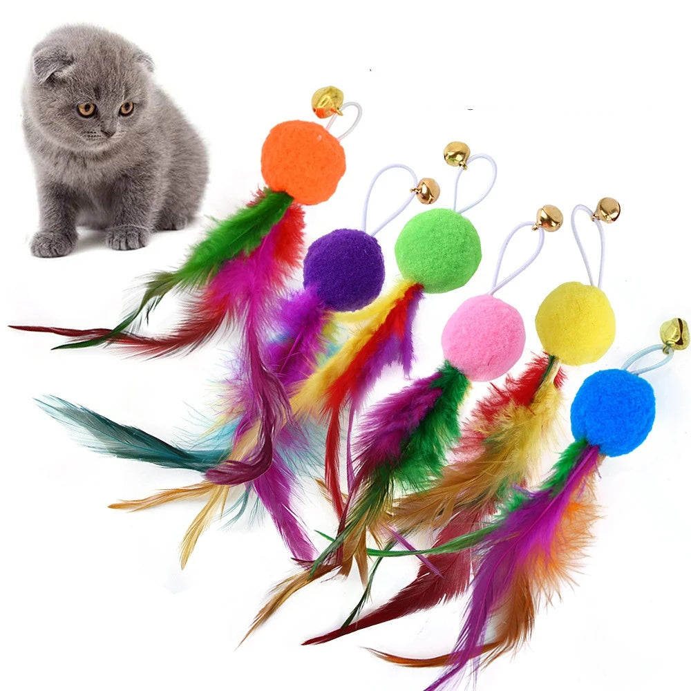 Funny Cat Stick Toy Furry Feather with Bell Cat Stick Toy Kitten Playing Pet Accessories Worm on A String Cat Toys Interactive