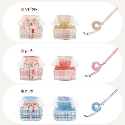 Sweet Plaid Puppy Dog Harness with Bow Walking Pet Harnesses and Leash Set for Small Dogs Schnauzer Poodle mascotas Accessories