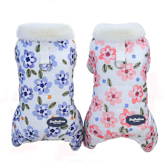 Thicken Warm Padded Dog Jumpsuit for Small Dogs, Chinese Style Floral Pattern Pet Costume Sherpa Lined Dog Winter Clothes