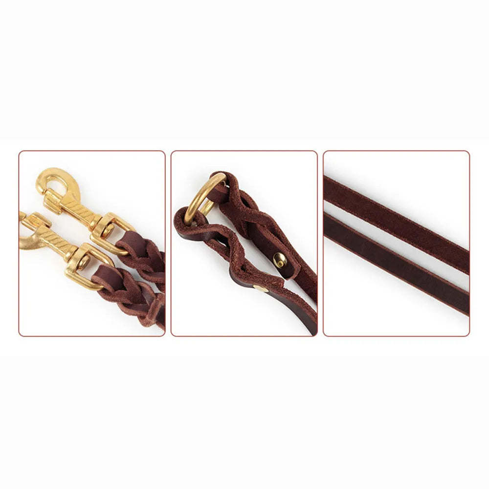 Real Leather Double Dog Leash No Tangle Dual Dog Leashes Coupler Pet Training and Walking Leads for 2 Puppies Small Medium Dogs