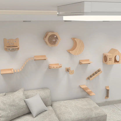 Wall Mounted Cat Shelves and Rope Ladder Scratching Post for Cat Furniture Wooden Jumping Platform Kitty Playing and Sleeping