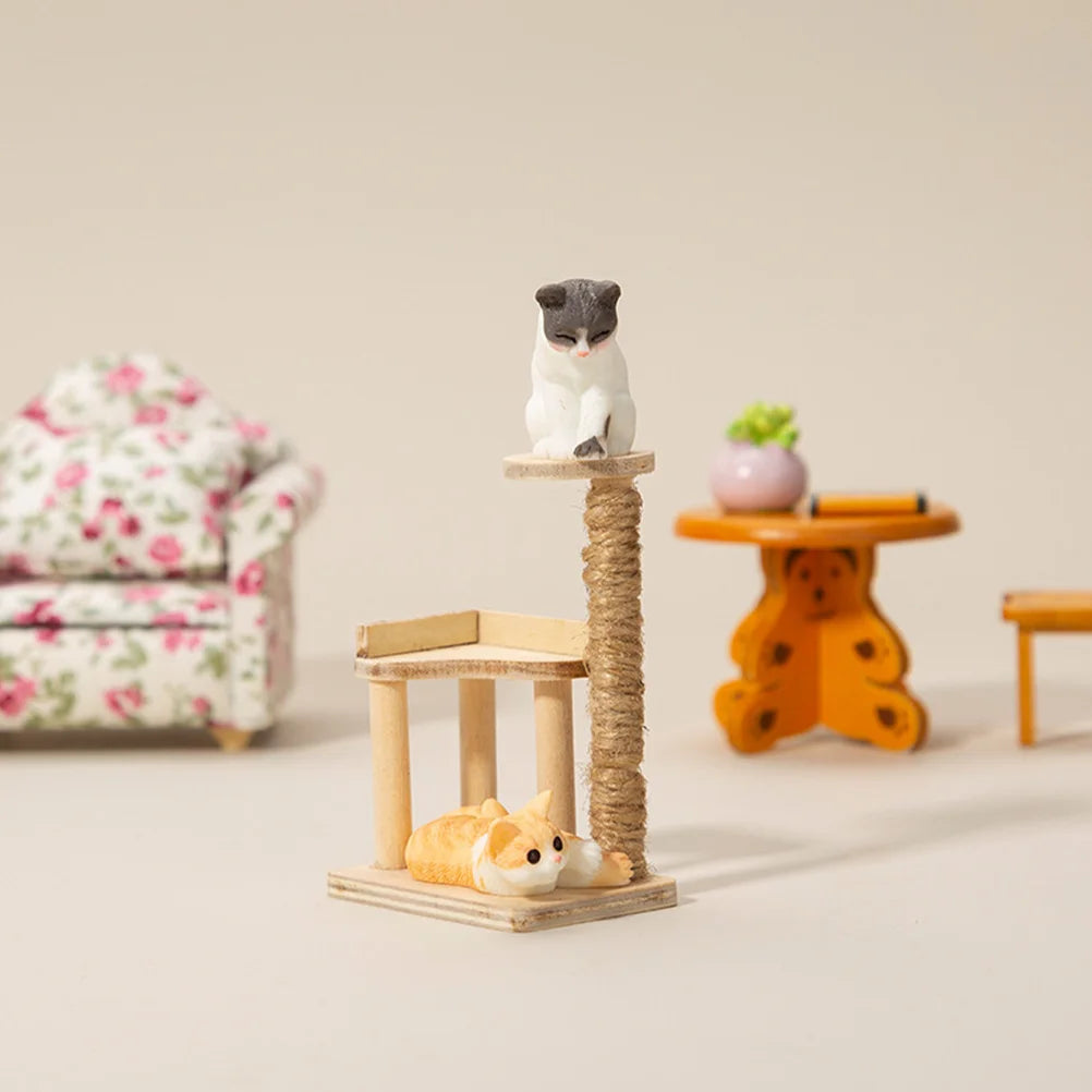 Miniature Cat Climbing Frame Tree House Layout Prop Furniture Model Birch Adornment Ornament Mother Child Wooden