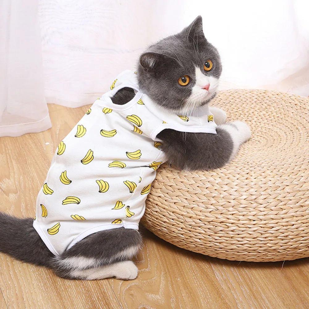 Cat Sleeveless Shirt Cat Recovery Suit Breathable E-Collar Alternative Vest for Cat Small Puppy Cute Printed Cotton Pet Clothes