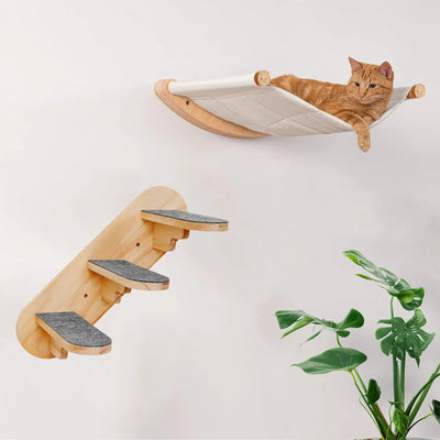 Wall Mounted Cat Climb Shelf Perch and Ladder Cat Hammock and Three Step Wood Stairway for Cats Playing and Sleeping