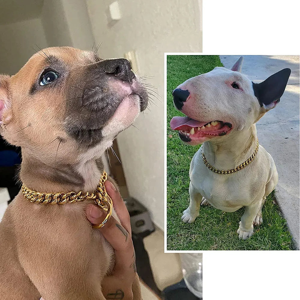 Gold Chain Dog Collar 10mm Fashion Dog Cuban Link Pet Gold Necklace Metal Puppy Jewelry Bulldog P Chain Pet Training Slip Collar