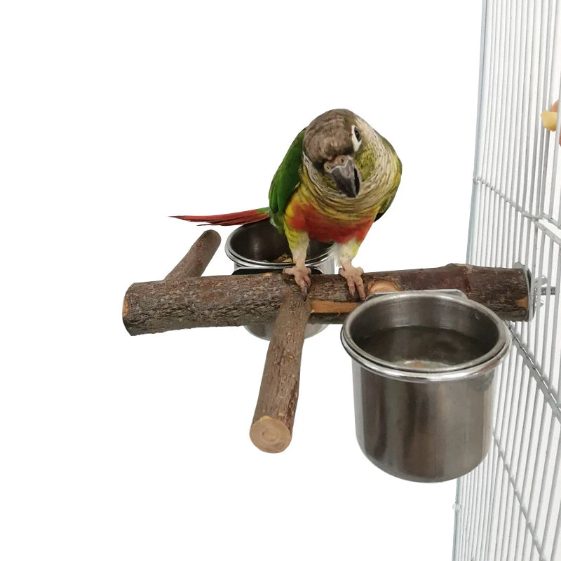 1Set Stainless Steel Birds Parrot Feeder Bowl Round Small Pet Natural Wood Stand Food Water Drinking Feeding Bowl