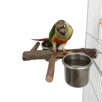 1Set Stainless Steel Birds Parrot Feeder Bowl Round Small Pet Natural Wood Stand Food Water Drinking Feeding Bowl