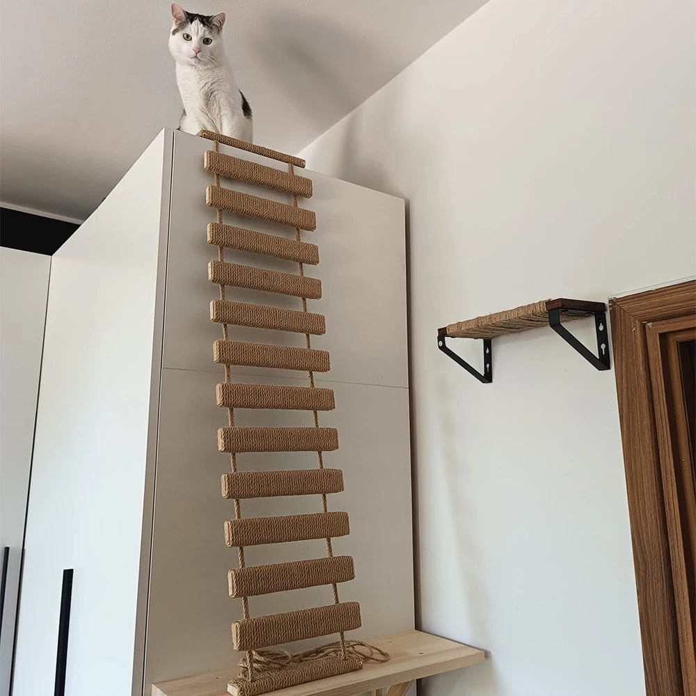 Cat Bridge Cat Tree Climbing Shelves Wooden Furniture Rope Net Design Suitable for Kitten to Play and Exercise Climbing Wall