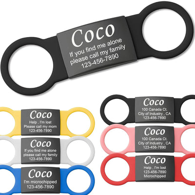 Slide On Silent Pet ID Tags,Personalized Black Metal Colored Silicone Cat Dog Name Tag, Customized Engraved Nameplate, Quiet Che