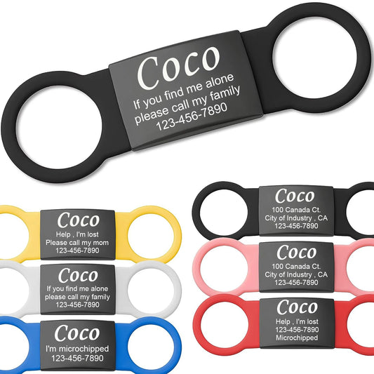 Slide On Silent Pet ID Tags,Personalized Black Metal Colored Silicone Cat Dog Name Tag, Customized Engraved Nameplate, Quiet Che