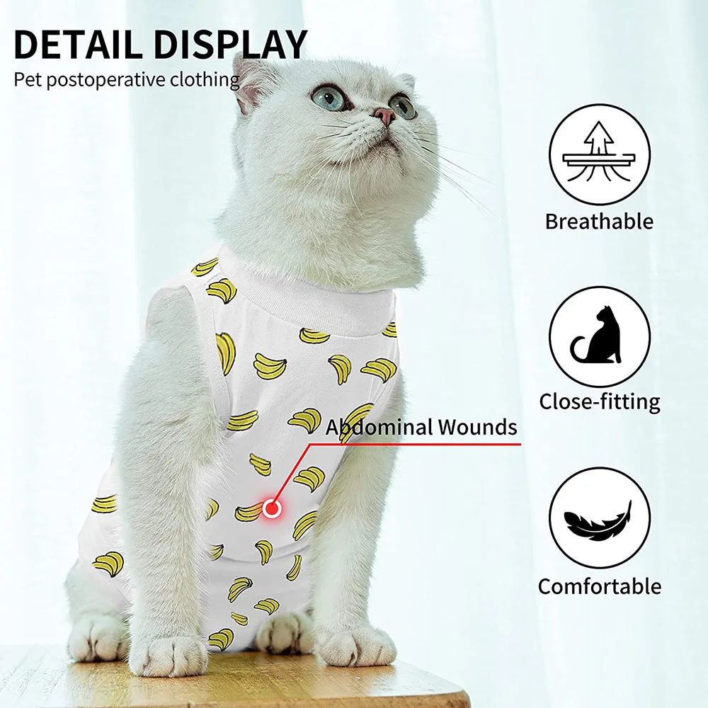 Cat Sleeveless Shirt Cat Recovery Suit Breathable E-Collar Alternative Vest for Cat Small Puppy Cute Printed Cotton Pet Clothes