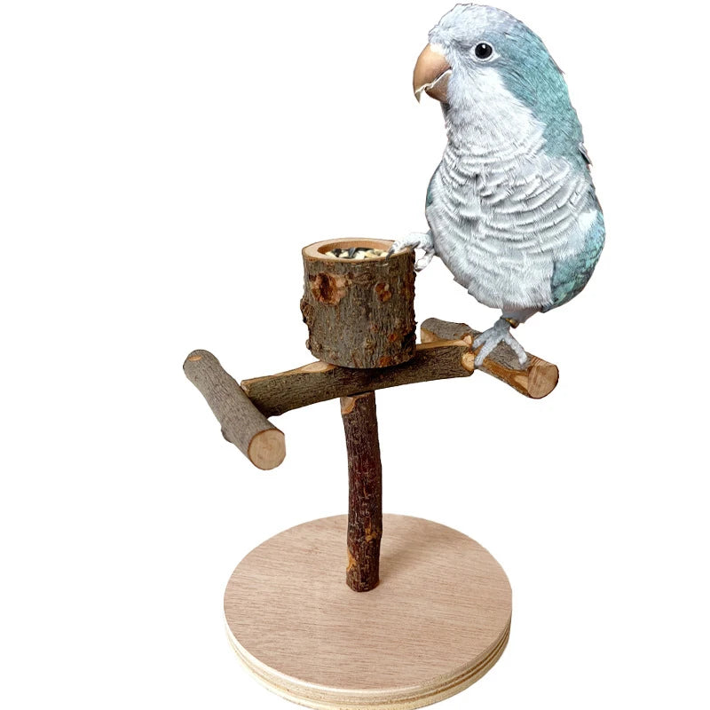 Natural Wood Toy Pet Parrot Raw Wood Stand With wooden feeding bowl Rack Squirrel Bird Hamster Branch Perches Chew Bite Toys