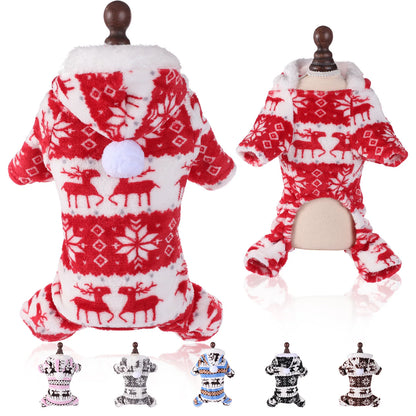 Thermal Coral Fleece Christmas Dog Pajamas Onesie for Small Medium Large Dogs, Reindeer Print Winter Dog Clothes Hooded Jumpsuit