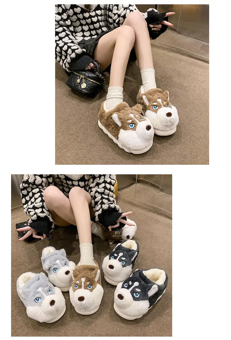 Winter Home Couple Shoes Women's Fluffy Dog Slippers Girl Animal Fur Slides Kawaii Funny Furry Shoes Woman Plush Booties Slipper