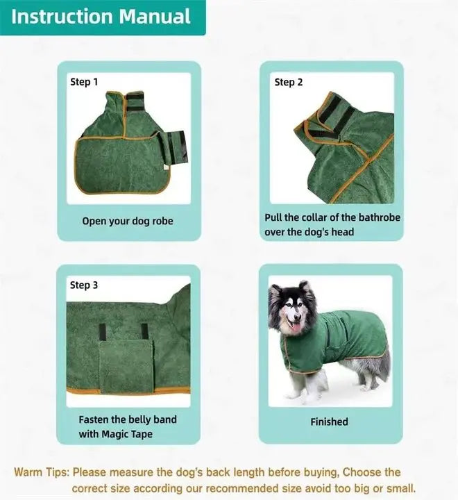 Pet Bathrobe Fast Drying Towel Microfiber Absorbent Soft Bath Robe Adjustable Towel Grooming Coat for Small Medium Large Dog