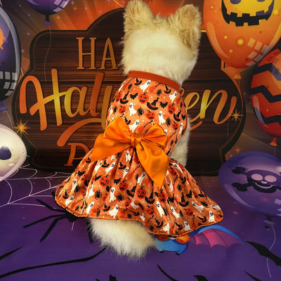 Halloween Dog Costume Funny Dog Clothes Pumpkin Print Pet Dress Chihuahua Bichon Clothing Bow Lace Festival Skirt Cat Dresses