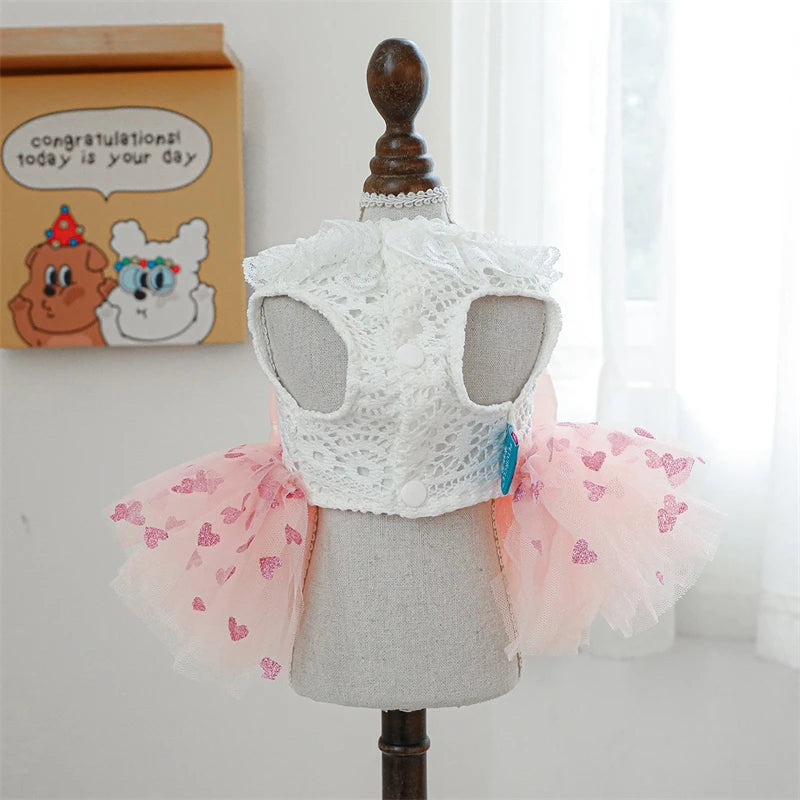 Bow Tie Female Fancy Dresses for Medium Dogs Pink Veil Romantic Heart Print Spring Puppy Tutu Skirt Lace Wedding Cat Clothing