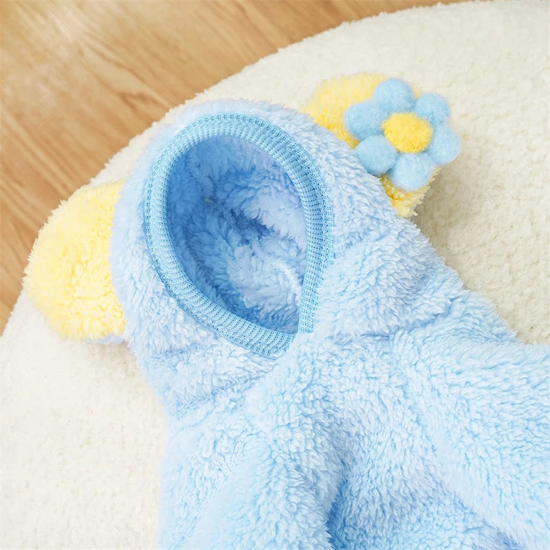 Soft Flannel Pet Dog Clothes Light Blue Solid Flower Winter Overalls for Cats New Year Cosplay Chihuahua Coat Kitten Sweatshirts