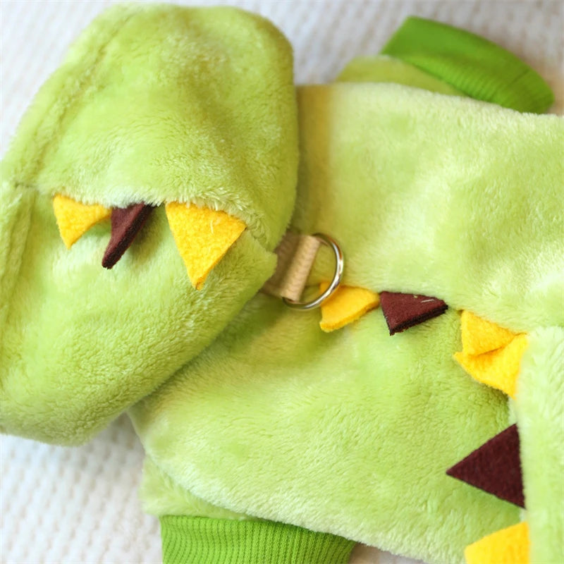 Autumn Winter Pet Dog Costumes Green Dinosaur Christmas Fleece Overalls Sweatshirts for Small Puppy Funny New Year Cat Clothing