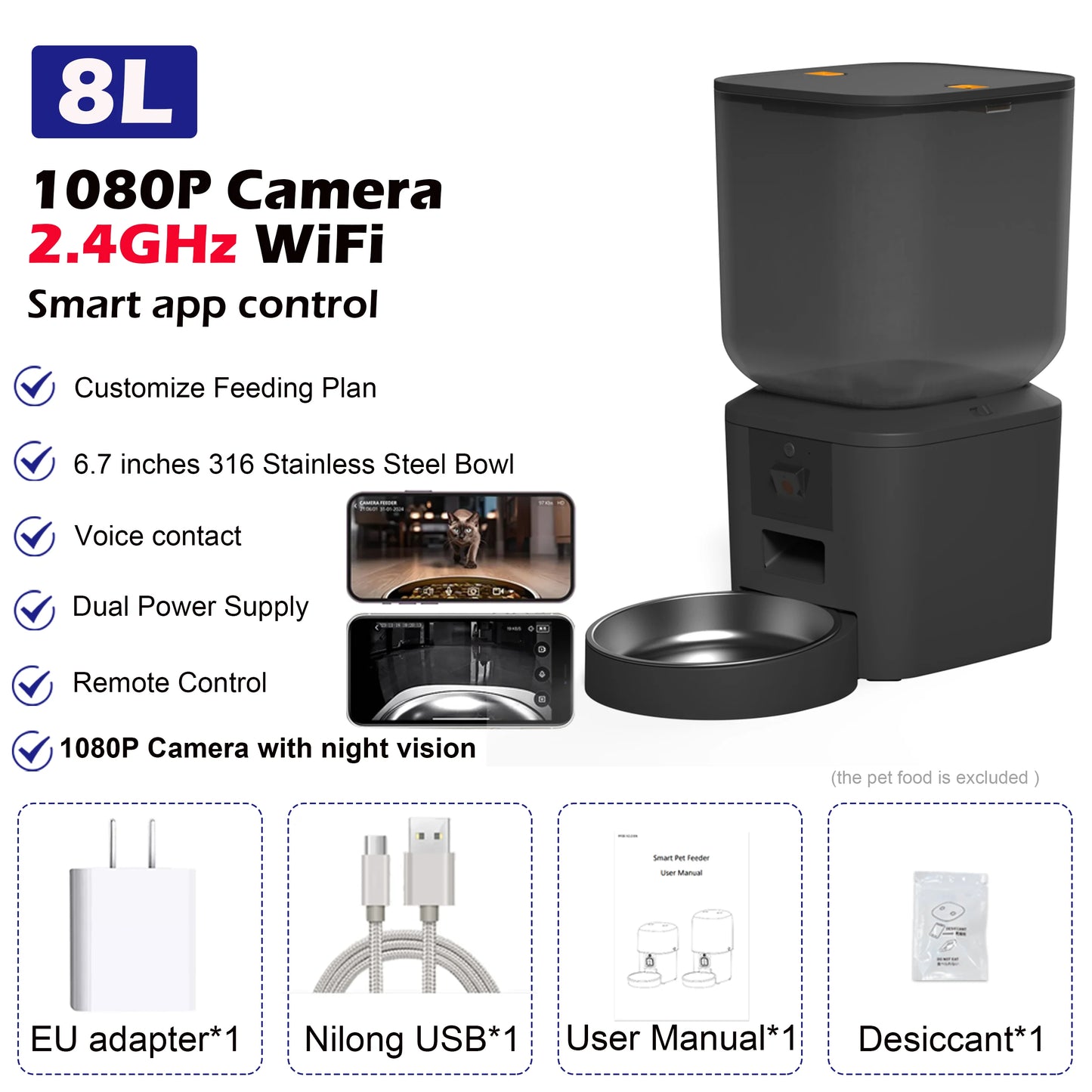 8L Automatic Cat Feeder With 1080p Camera Video 5G WiFi Cat Food Dispenser Pet Smart Voice Recorder Tuya APP Pet Auto Feeder