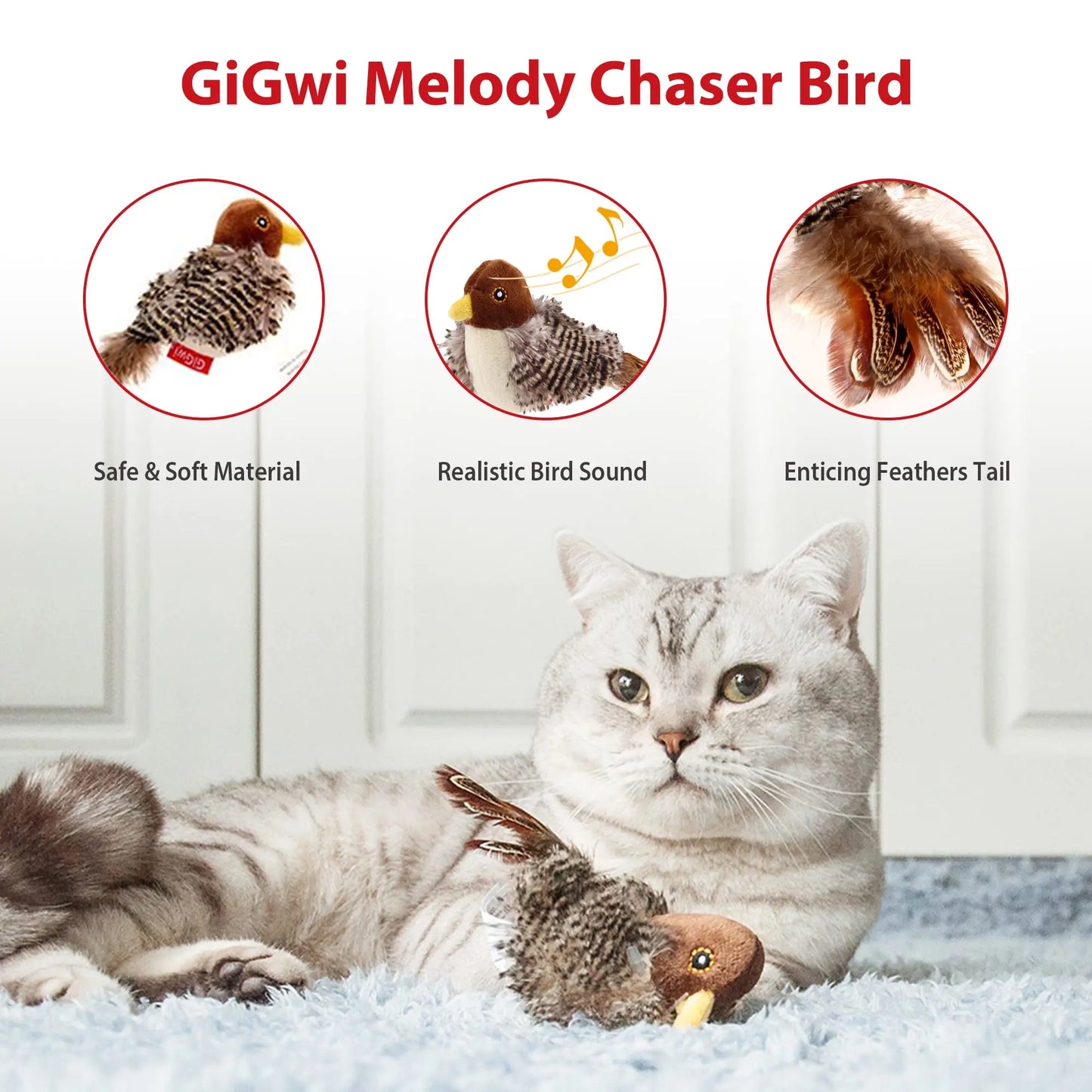 GiGwi Sound Bird Toy Cat Feather Toys Cat Feather Toys Interactive Cat Toy With Sounds Sound Toys Brown Bird, Hedgehog, Mouse