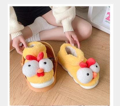 Women New Cute Cartoon Indoor Slippers Female Funny Yellow Chicken Winter Warm Fluffy Shoes Couples Home Floor Cotton Slippers