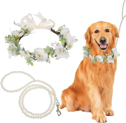 Elegant Dog Wedding Flower Collar and Leash Set for Medium Dogs,Dog Wedding Attire Wreath Bow Pearl Leash Pet Wedding Photo Prop