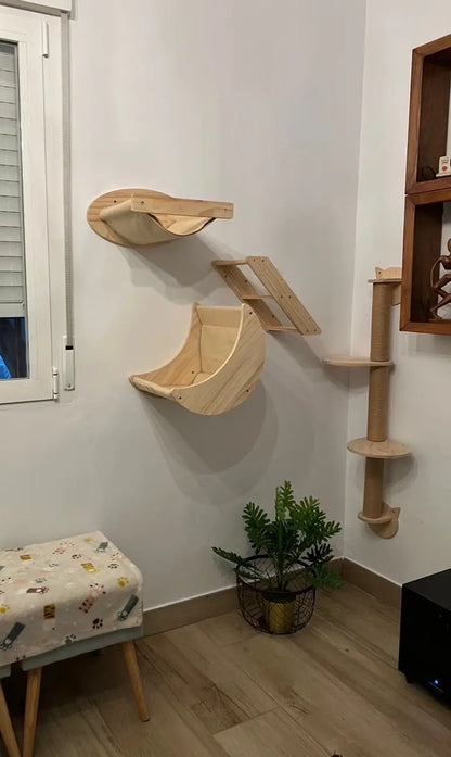 Cat Tree Wall Mounted Cat Shelves Scratching Post for Cat Jumping Platform and Cat Hammock Rope Ladder Wall Wooden Furniture
