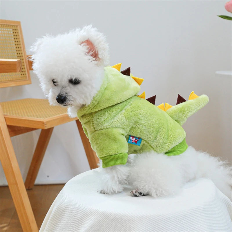 Autumn Winter Pet Dog Costumes Green Dinosaur Christmas Fleece Overalls Sweatshirts for Small Puppy Funny New Year Cat Clothing