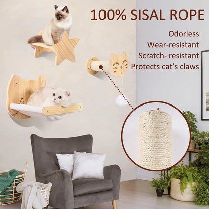 Cat Tree Wall Mounted Climbing Shelves Wooden Hammock with Ladder and Cat Bridge for Cat Perch Sleeping Pet Indoor Playground