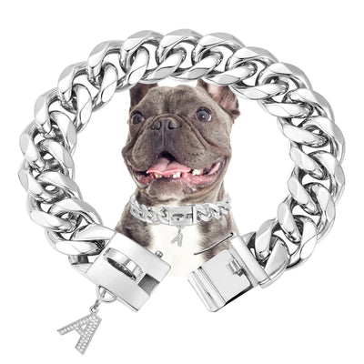 15/19mm Wide Solid Cuban Link Chain Gold Dog Chain Collar with Pendant A Strong Stainless Steel Chew Proof Collars for Large Dog