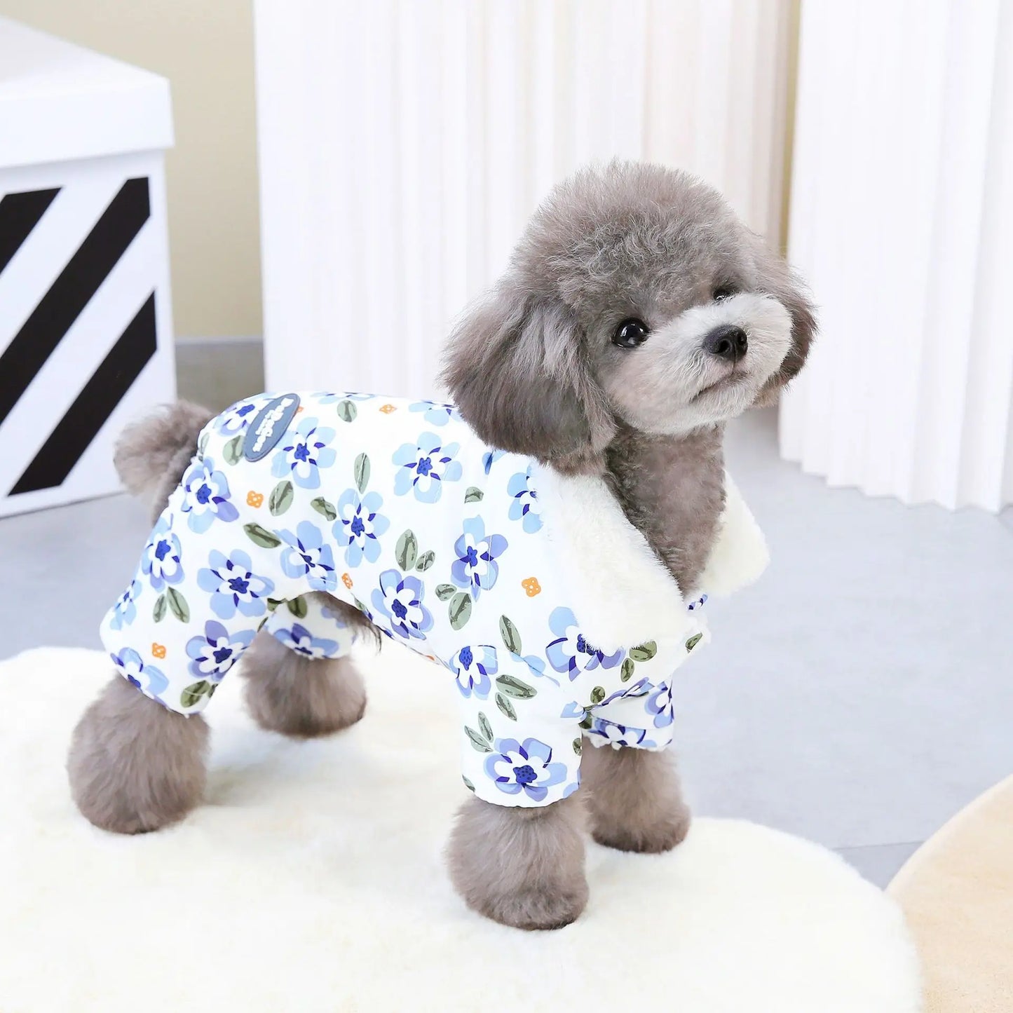 Thicken Warm Padded Dog Jumpsuit for Small Dogs, Chinese Style Floral Pattern Pet Costume Sherpa Lined Dog Winter Clothes