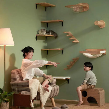 1PC Wall Mounted Cat Climbing Shelf Cat Sisal Wooden Ladder Bridge with Hammock and Jumping Platform for Kitten Playing and Rest