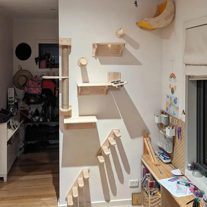 1 Piece Cat Wall Mounted Wood Frame Hammock and Platform with Scratching Post or Feeder Cat Living Playground Indoor Furniture