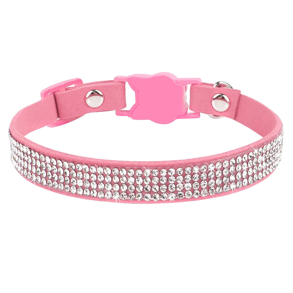 Suede Leather Cat Collar Bling Rhinestone Cats Collars with Bell Safety Breakaway Pet Puppy Necklace Adjustable XS S Pink Soft