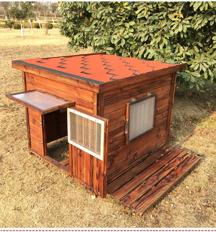 Large new solid wood kennel outdoor waterproof dog house with mat and cold-proof pet dog cage carbonized golden retriever woo