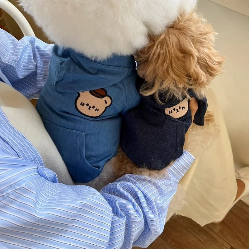 Fashion Dog Cowboy Costume Autumn Winter Dog Denim Jacket Bear Print Cardigan Pet Coat Kitten Puppy Clothing Chihuahua Pullover